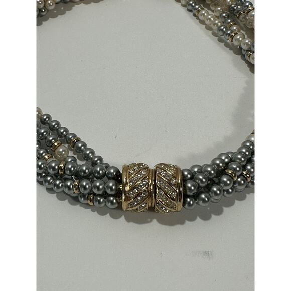 White & Silver-Blue Faux Pearl Six Strand Necklace Chocker Vintage Etch 2 Prym - Picture 11 of 11